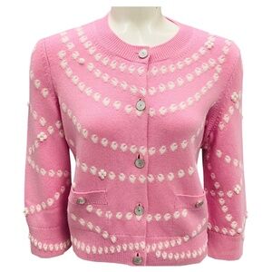 CHANEL PINK / WHITE CASHMERE KNIT CARDIGAN SWEATER